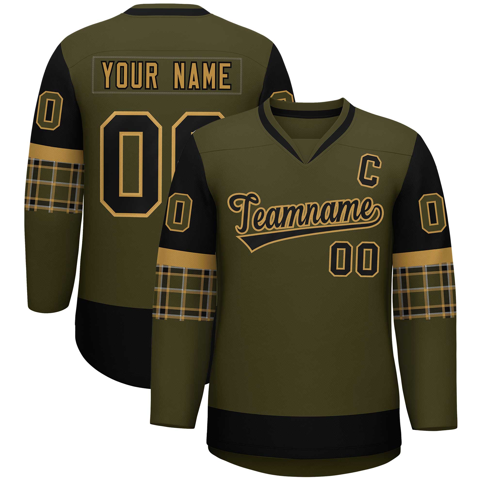 Custom Olive Brown-Black Personalized Raglan Sleeves V-Neck Hockey Jersey