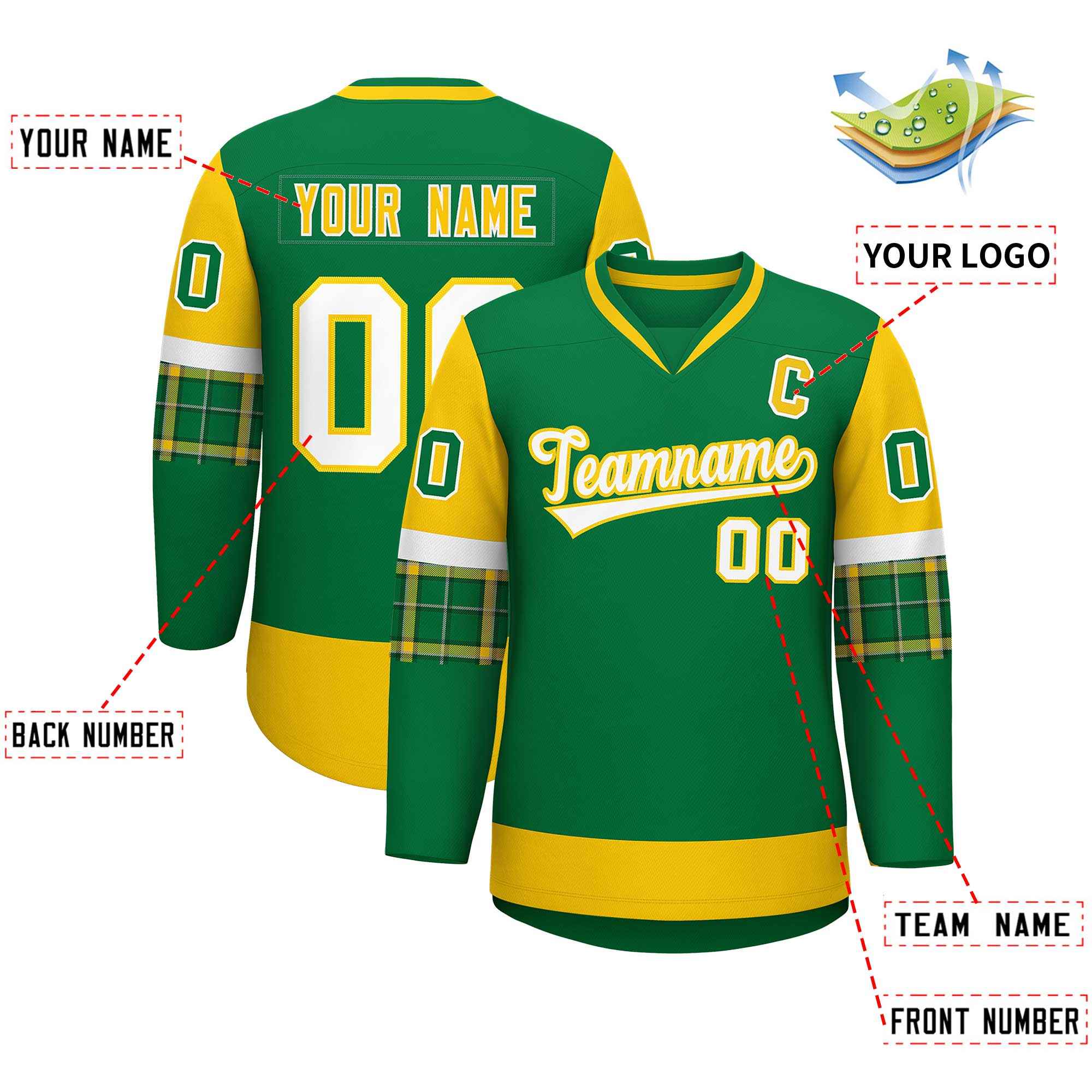 Custom Kelly Green Gold-White Personalized Raglan Sleeves V-Neck Hockey Jersey