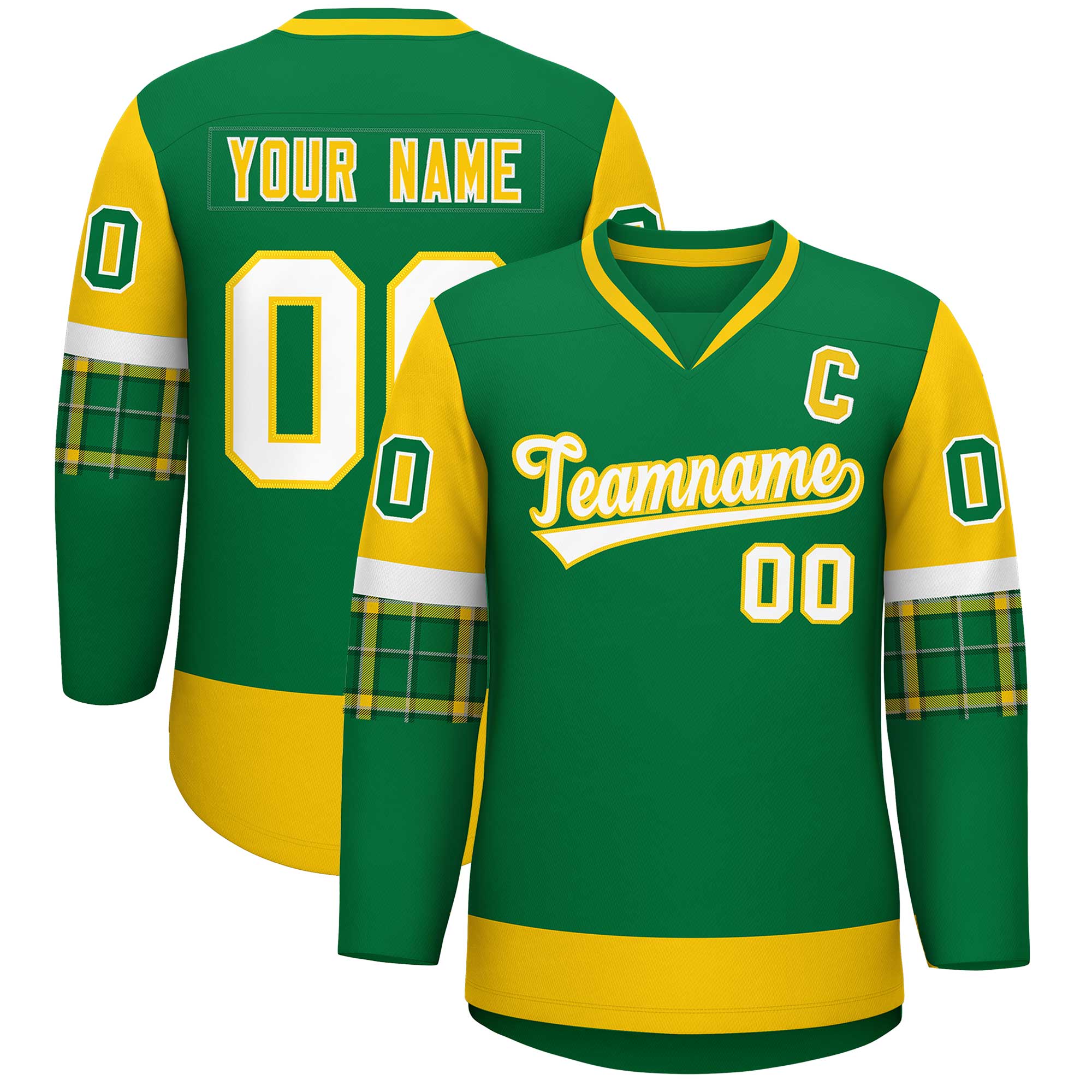 Custom Kelly Green Gold-White Personalized Raglan Sleeves V-Neck Hockey Jersey