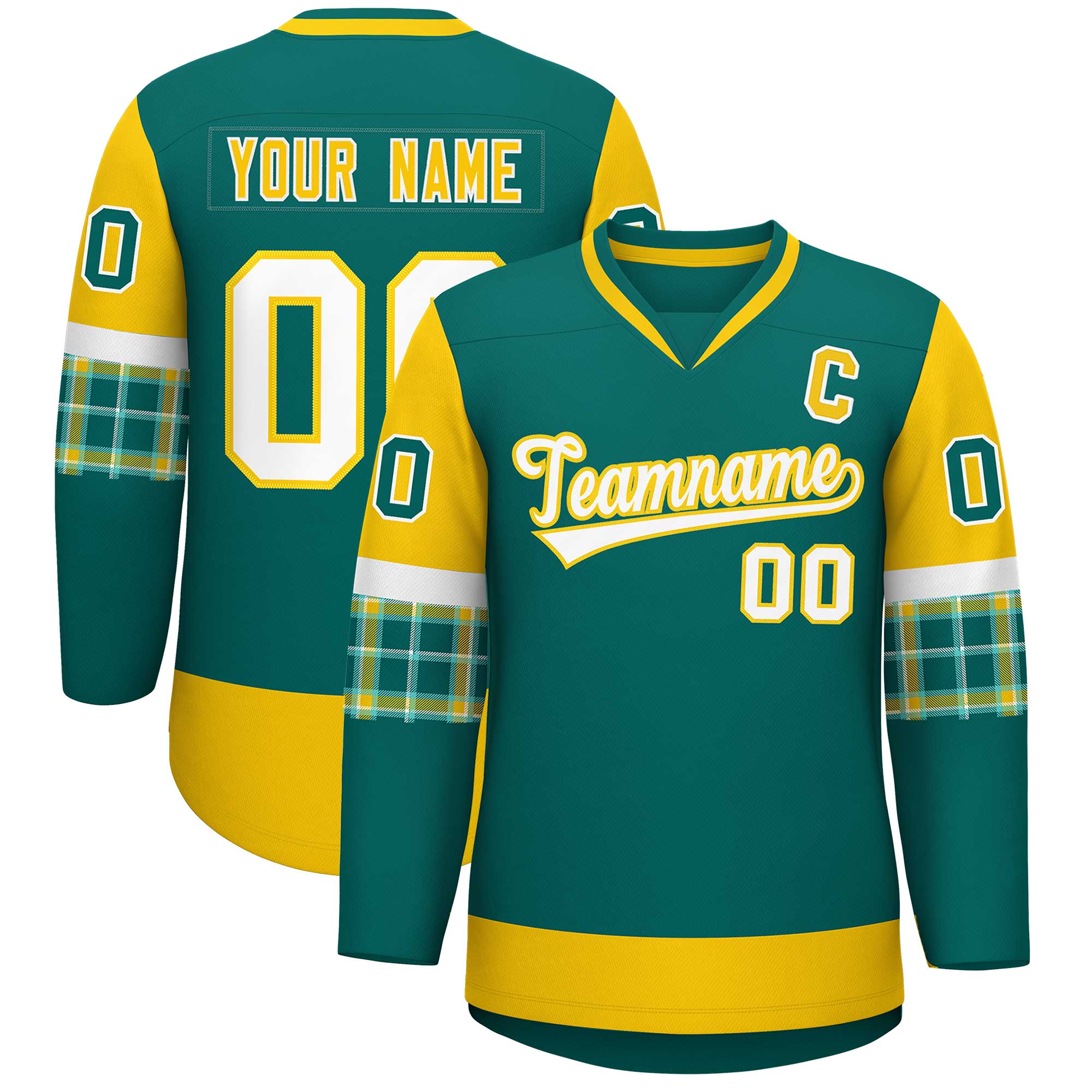 Custom Aqua Gold-White Personalized Raglan Sleeves V-Neck Hockey Jersey