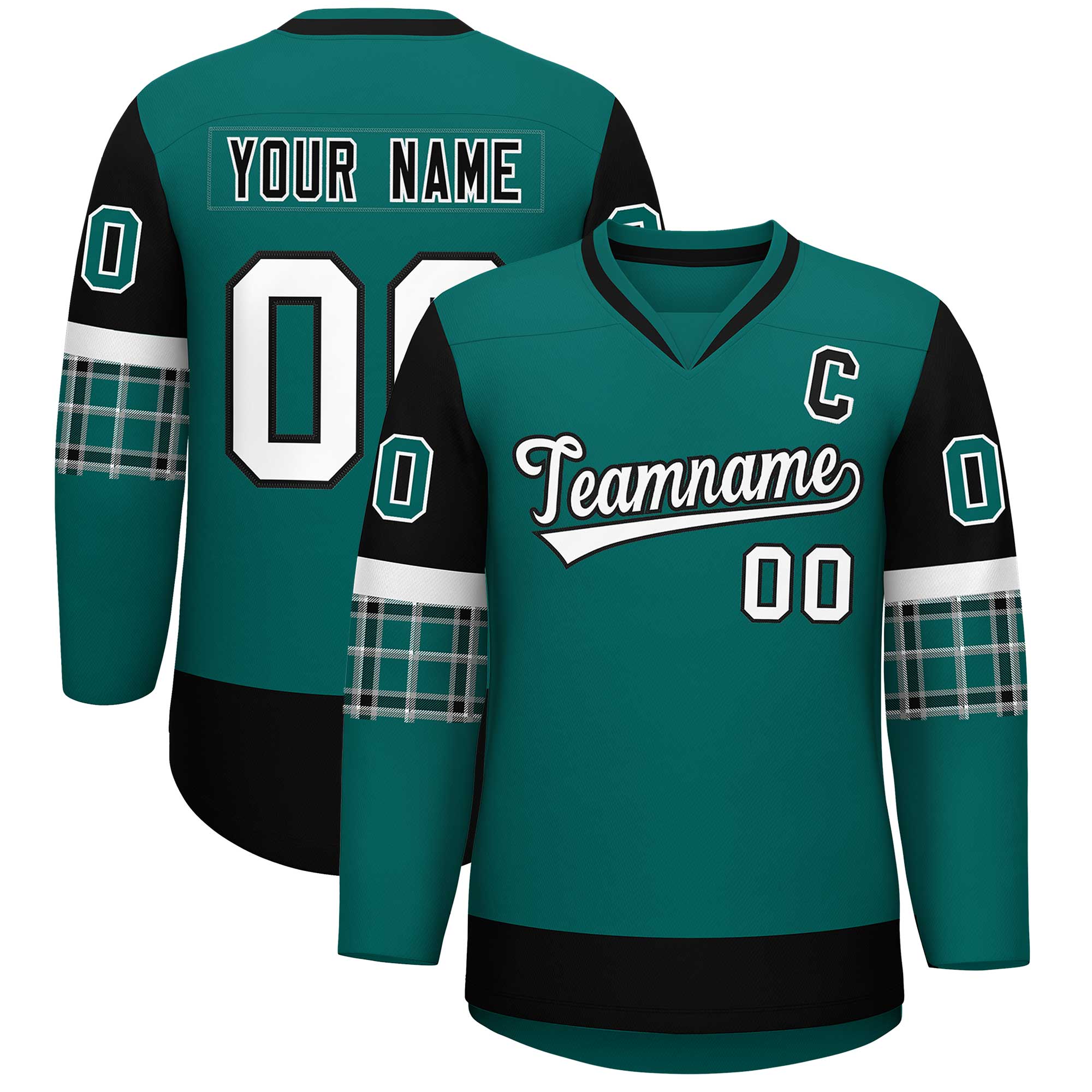 Custom Aqua Black-White Personalized Raglan Sleeves V-Neck Hockey Jersey