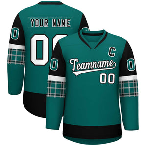 Custom Aqua Black-White Personalized Raglan Sleeves V-Neck Hockey Jersey