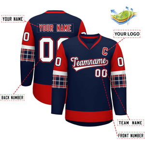 Custom Navy Red-White Personalized Raglan Sleeves V-Neck Hockey Jersey