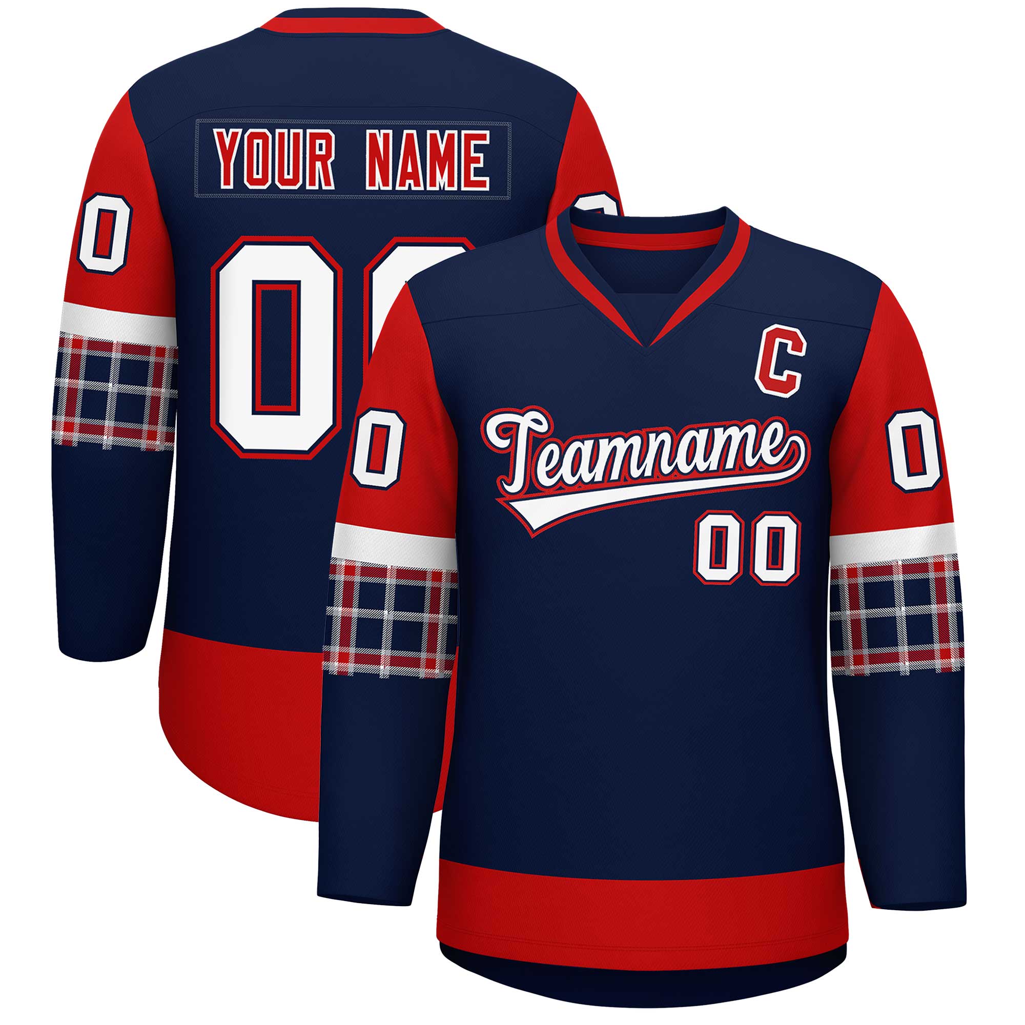 Custom Navy Red-White Personalized Raglan Sleeves V-Neck Hockey Jersey