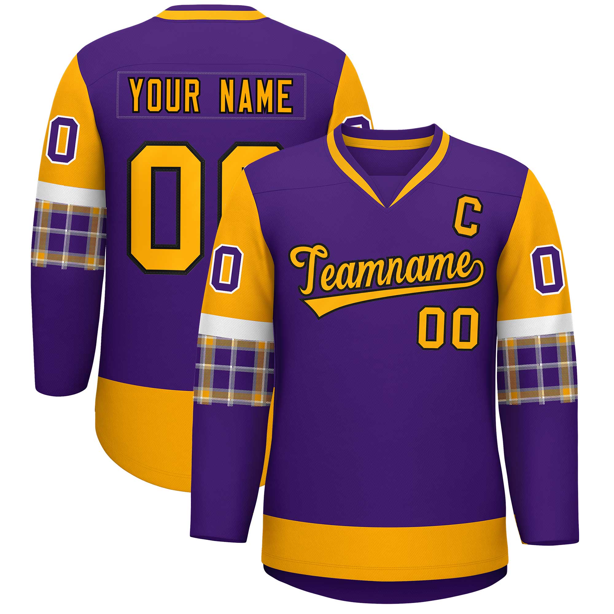 Custom Purple Yellow-Yellow Personalized Raglan Sleeves V-Neck Hockey Jersey