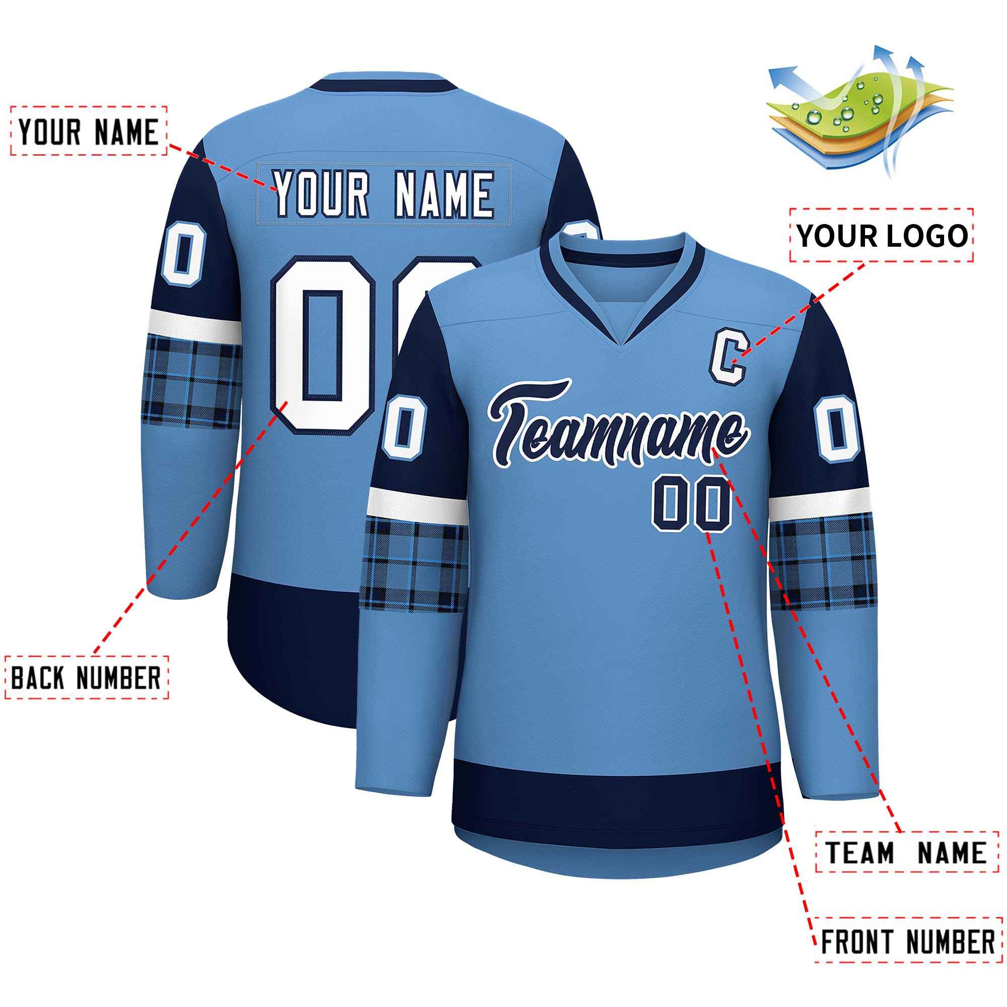 Custom Light Blue Navy-White Personalized Raglan Sleeves V-Neck Hockey Jersey