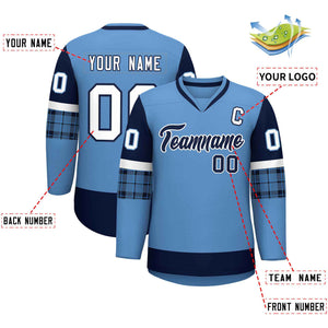 Custom Light Blue Navy-White Personalized Raglan Sleeves V-Neck Hockey Jersey