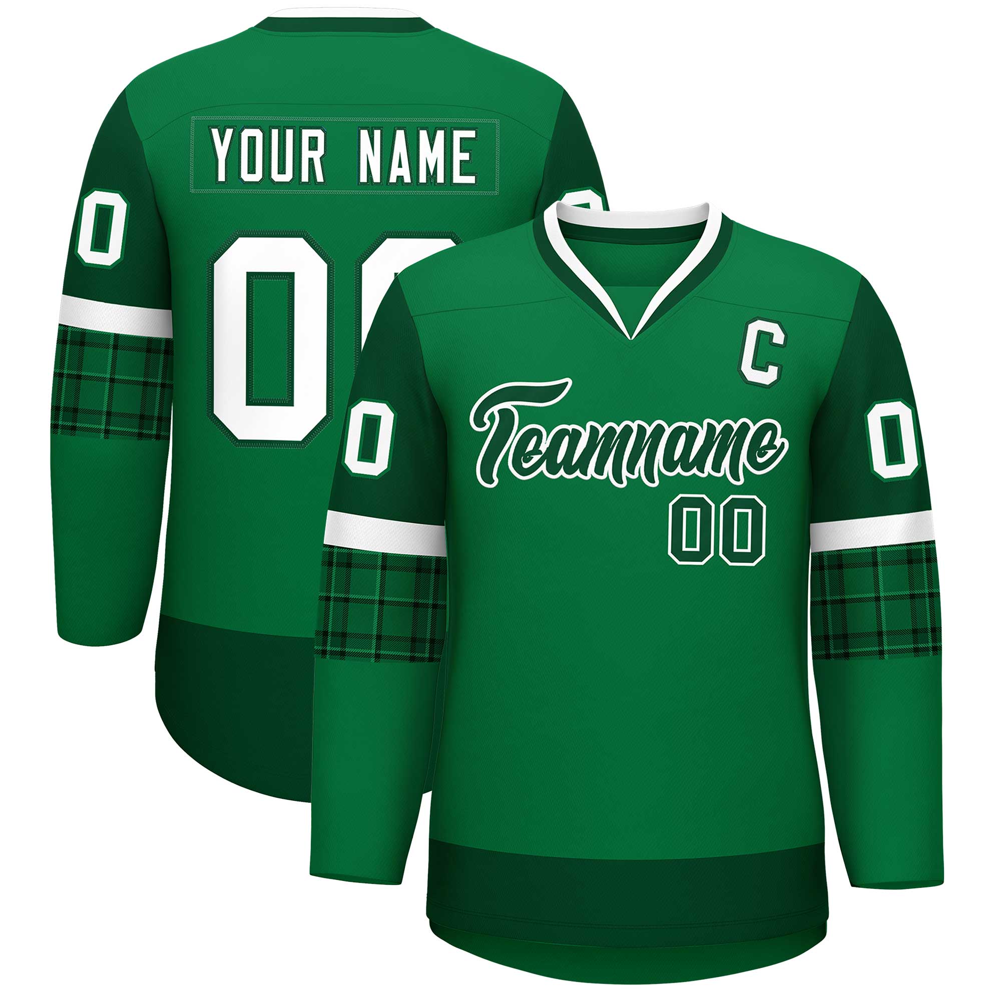 Custom Teal Green-White Personalized Raglan Sleeves V-Neck Hockey Jersey