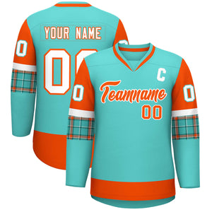 Custom Bright Green Orange-White Personalized Raglan Sleeves V-Neck Hockey Jersey