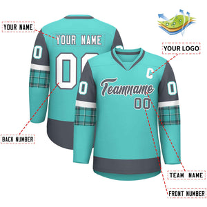 Custom Bright Green Dark Gray-White Personalized Raglan Sleeves V-Neck Hockey Jersey