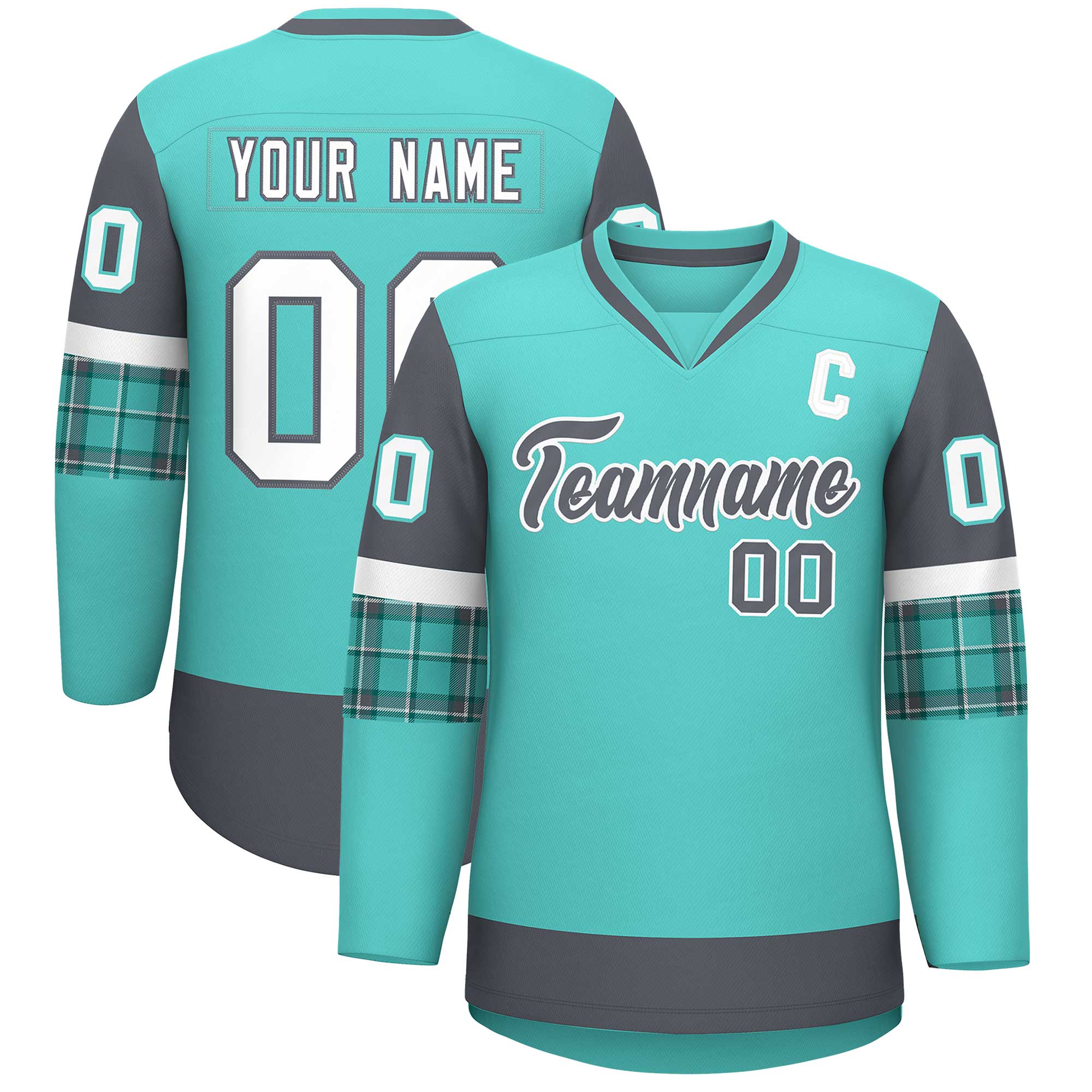 Custom Bright Green Dark Gray-White Personalized Raglan Sleeves V-Neck Hockey Jersey