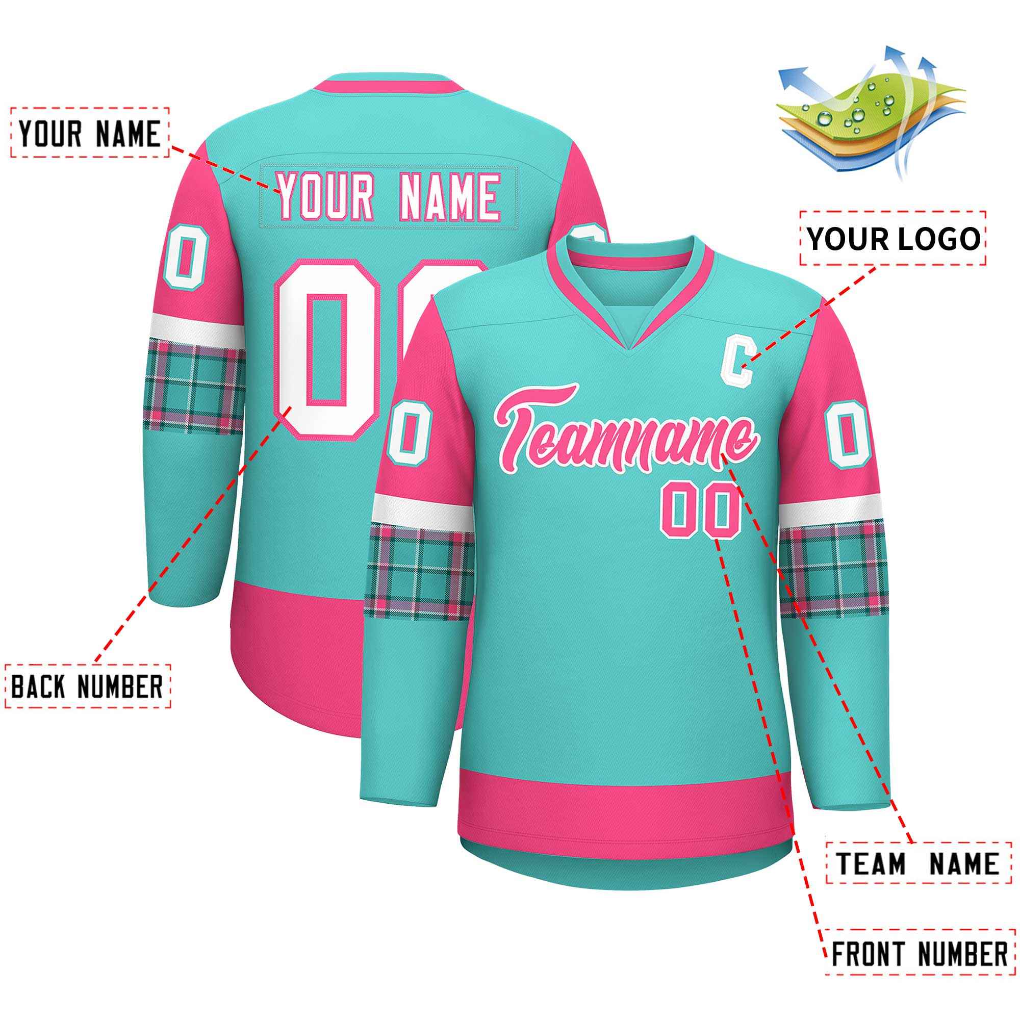 Custom Bright Green Pink-White Personalized Raglan Sleeves V-Neck Hockey Jersey