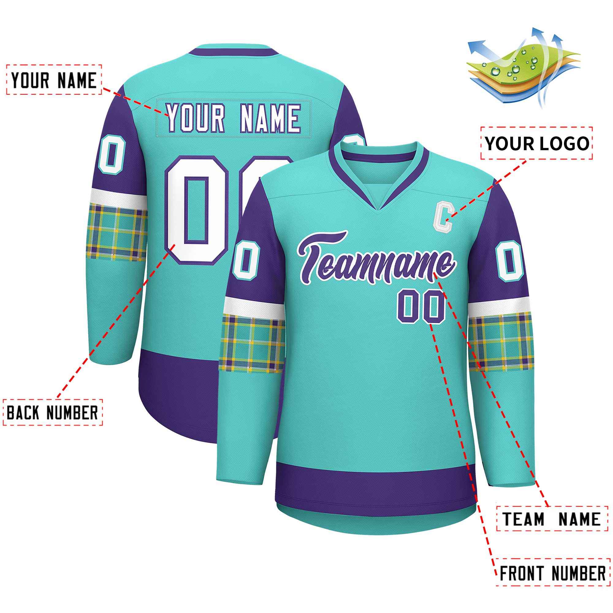 Custom Bright Green Purple-White Personalized Raglan Sleeves V-Neck Hockey Jersey