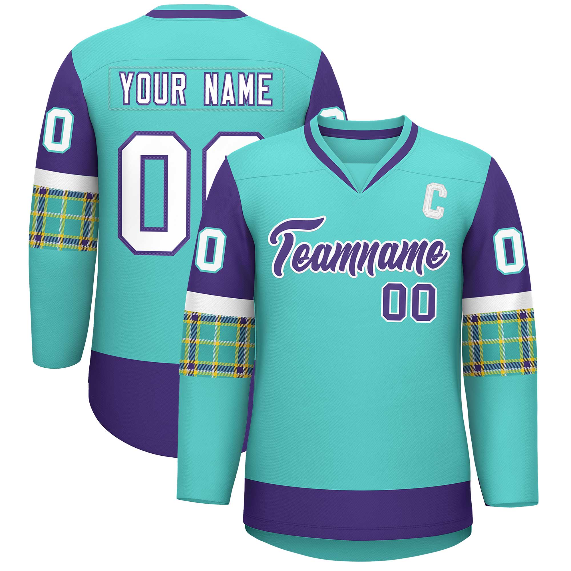 Custom Bright Green Purple-White Personalized Raglan Sleeves V-Neck Hockey Jersey