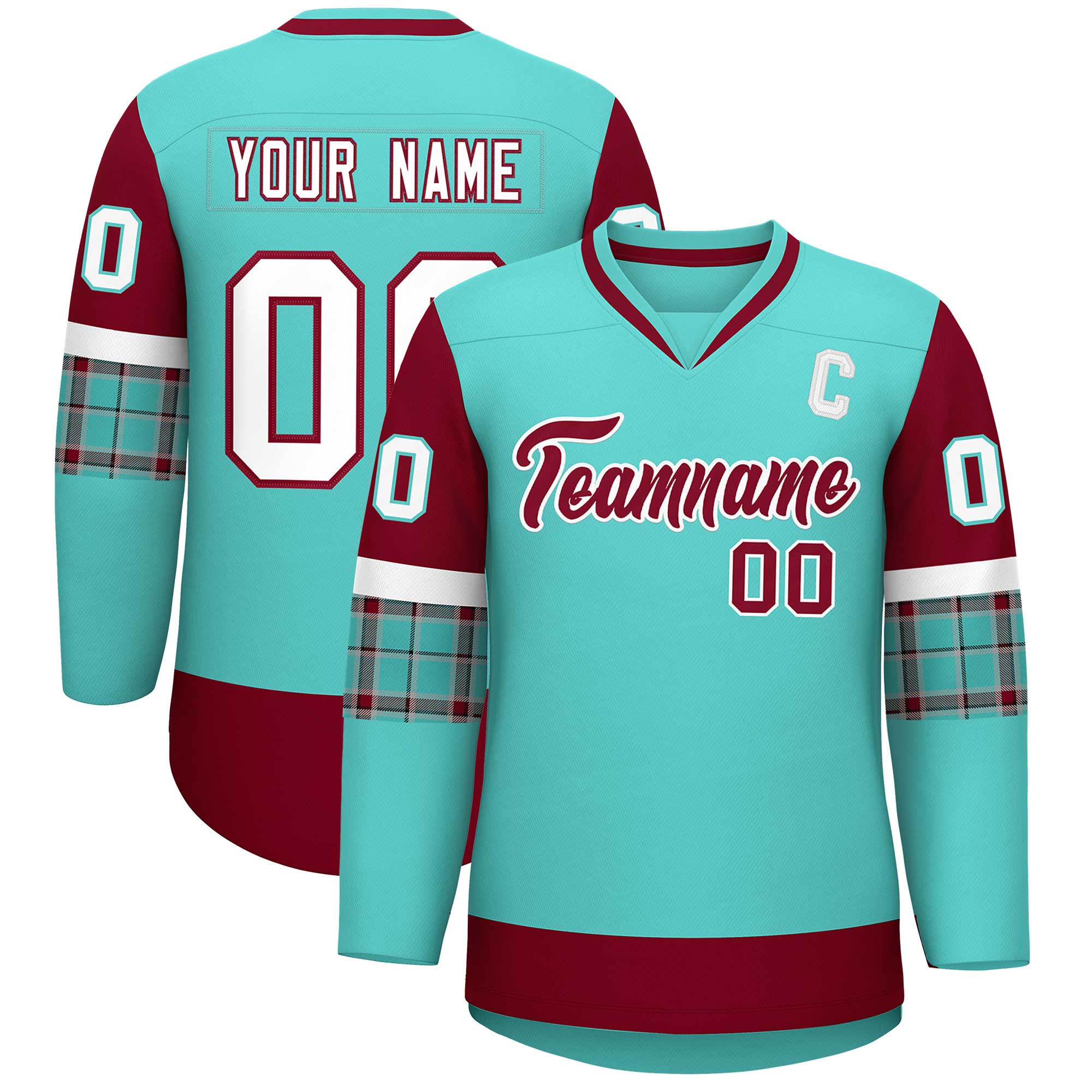 Custom Bright Green Crimson-White Personalized Raglan Sleeves V-Neck Hockey Jersey