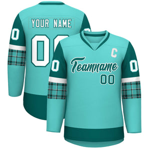 Custom Bright Green Aqua-White Personalized Raglan Sleeves V-Neck Hockey Jersey