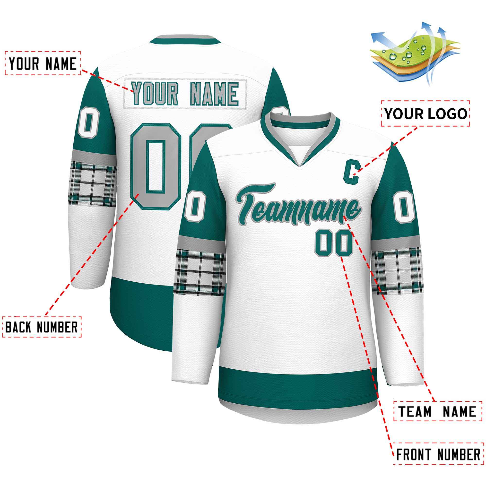 Custom White Aqua-Gray Personalized Raglan Sleeves V-Neck Hockey Jersey