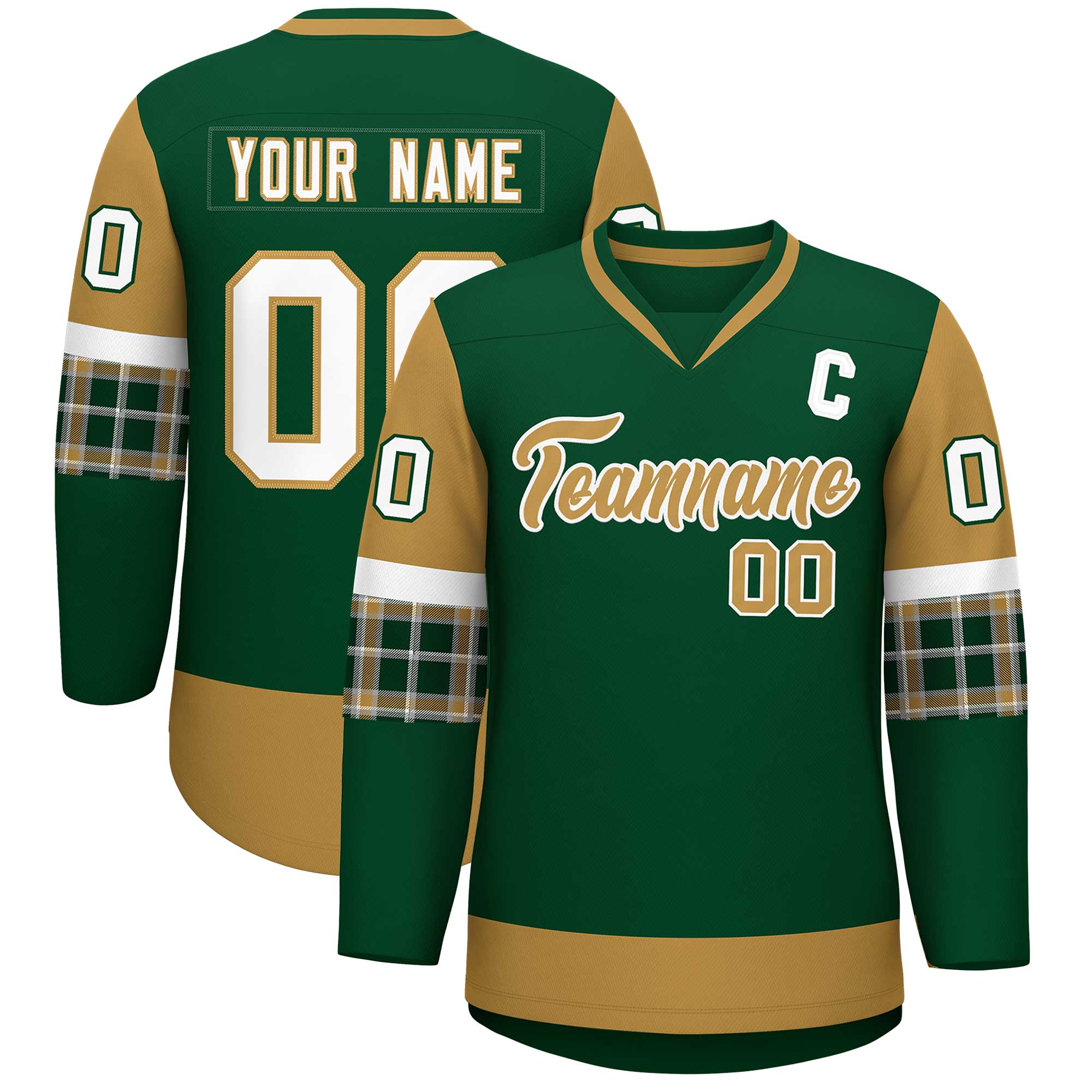 Custom Green Old Gold-White Personalized Raglan Sleeves V-Neck Hockey Jersey