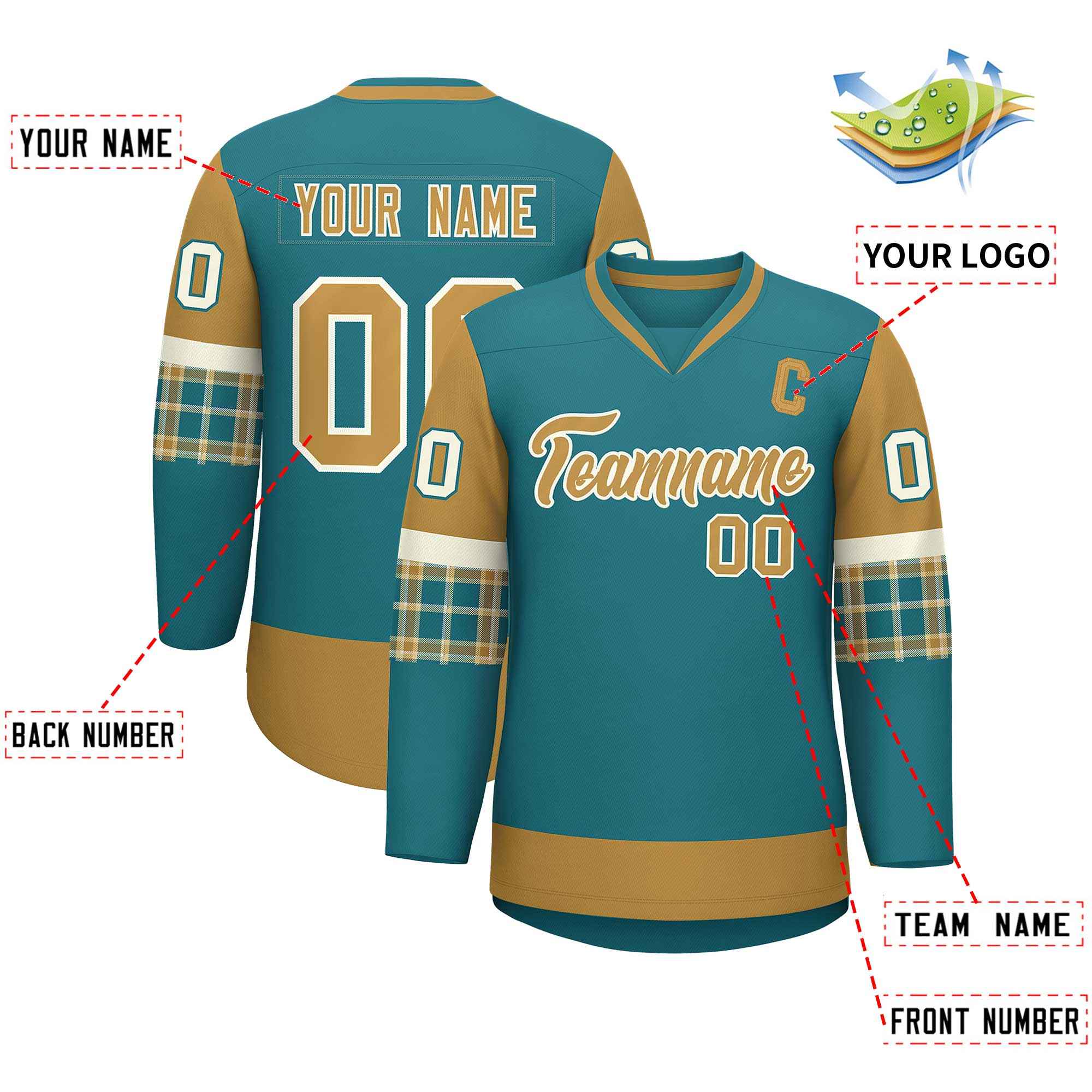 Custom Aqua Old Gold-Old Gold Personalized Raglan Sleeves V-Neck Hockey Jersey