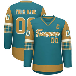 Custom Aqua Old Gold-Old Gold Personalized Raglan Sleeves V-Neck Hockey Jersey