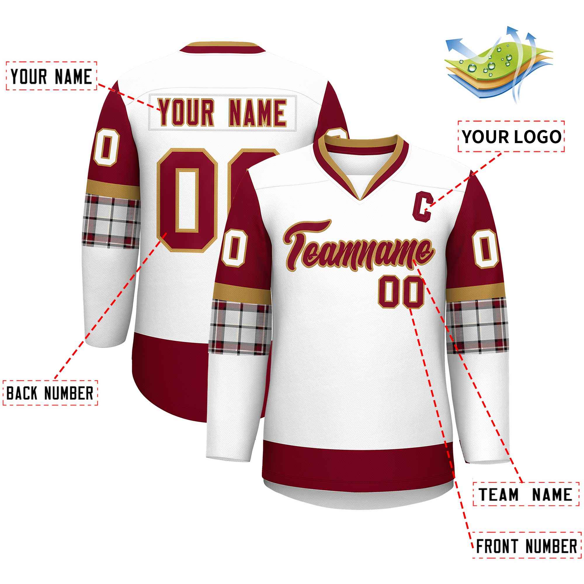 Custom White Crimson-Crimson Personalized Raglan Sleeves V-Neck Hockey Jersey