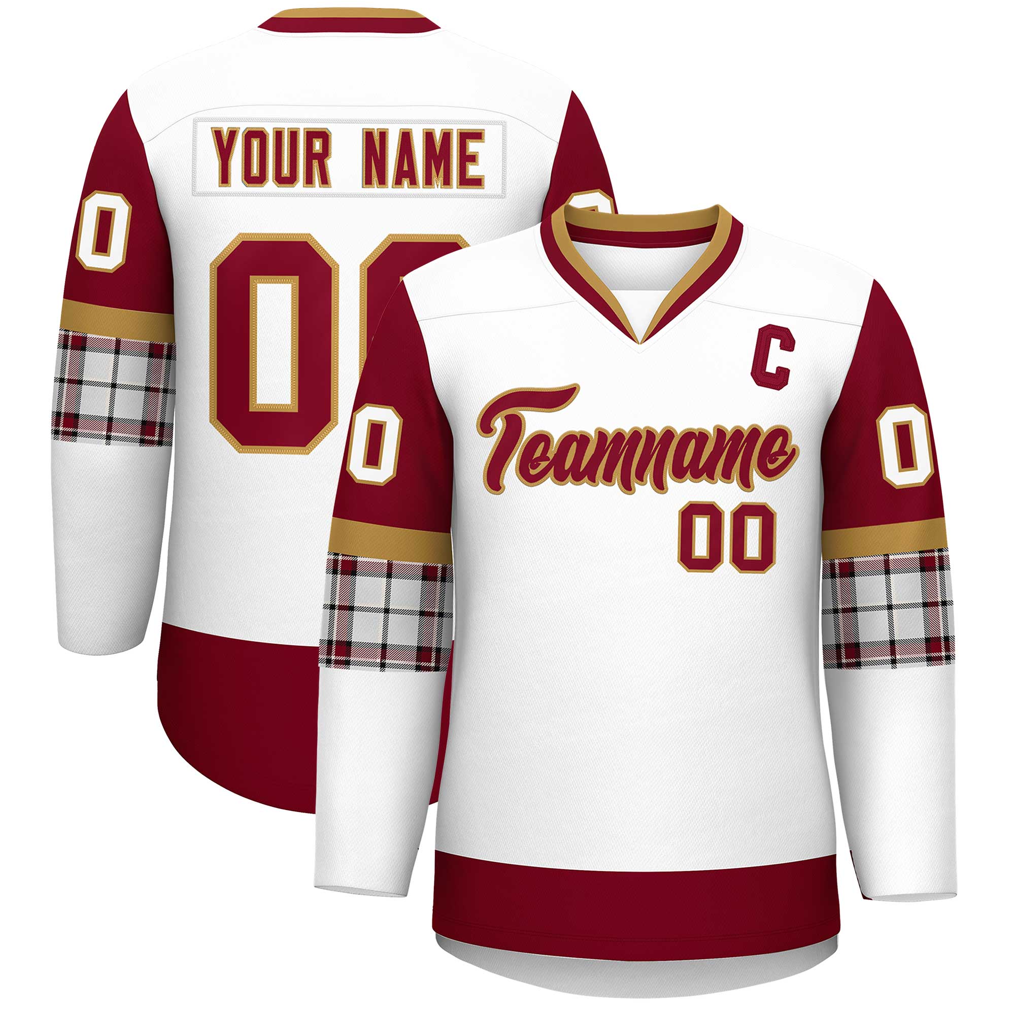 Custom White Crimson-Crimson Personalized Raglan Sleeves V-Neck Hockey Jersey