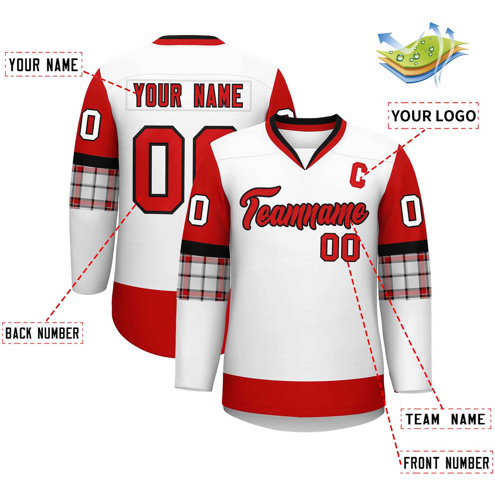 Custom White Red-Red Personalized Raglan Sleeves V-Neck Hockey Jersey