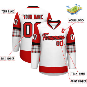 Custom White Red-Red Personalized Raglan Sleeves V-Neck Hockey Jersey