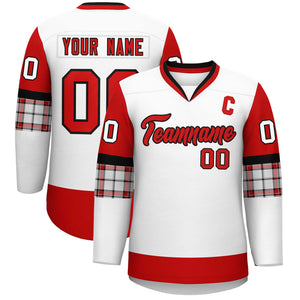 Custom White Red-Red Personalized Raglan Sleeves V-Neck Hockey Jersey