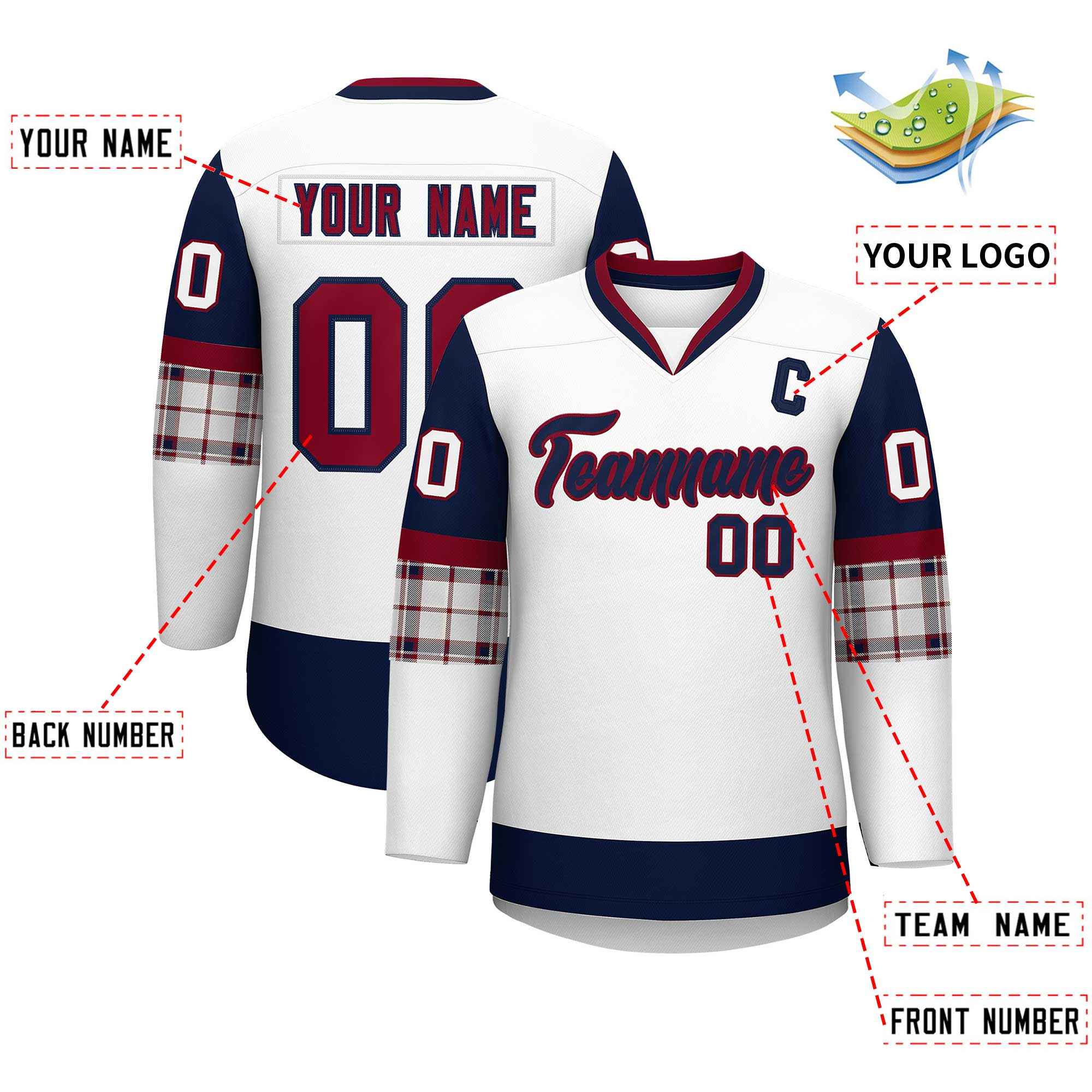 Custom White Navy-Crimson Personalized Raglan Sleeves V-Neck Hockey Jersey