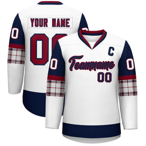 Custom White Navy-Crimson Personalized Raglan Sleeves V-Neck Hockey Jersey