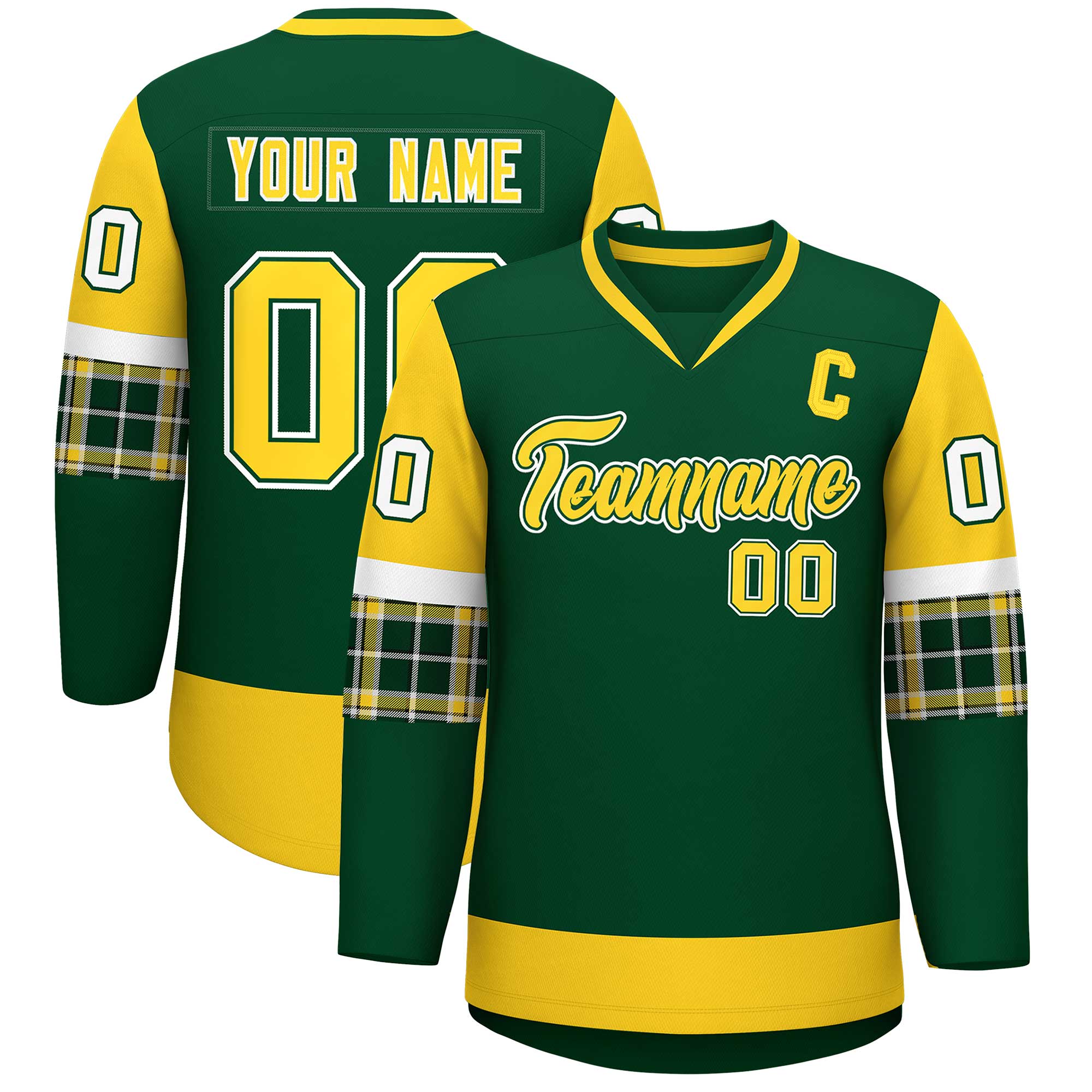 Custom Green Gold-Gold Personalized Raglan Sleeves V-Neck Hockey Jersey