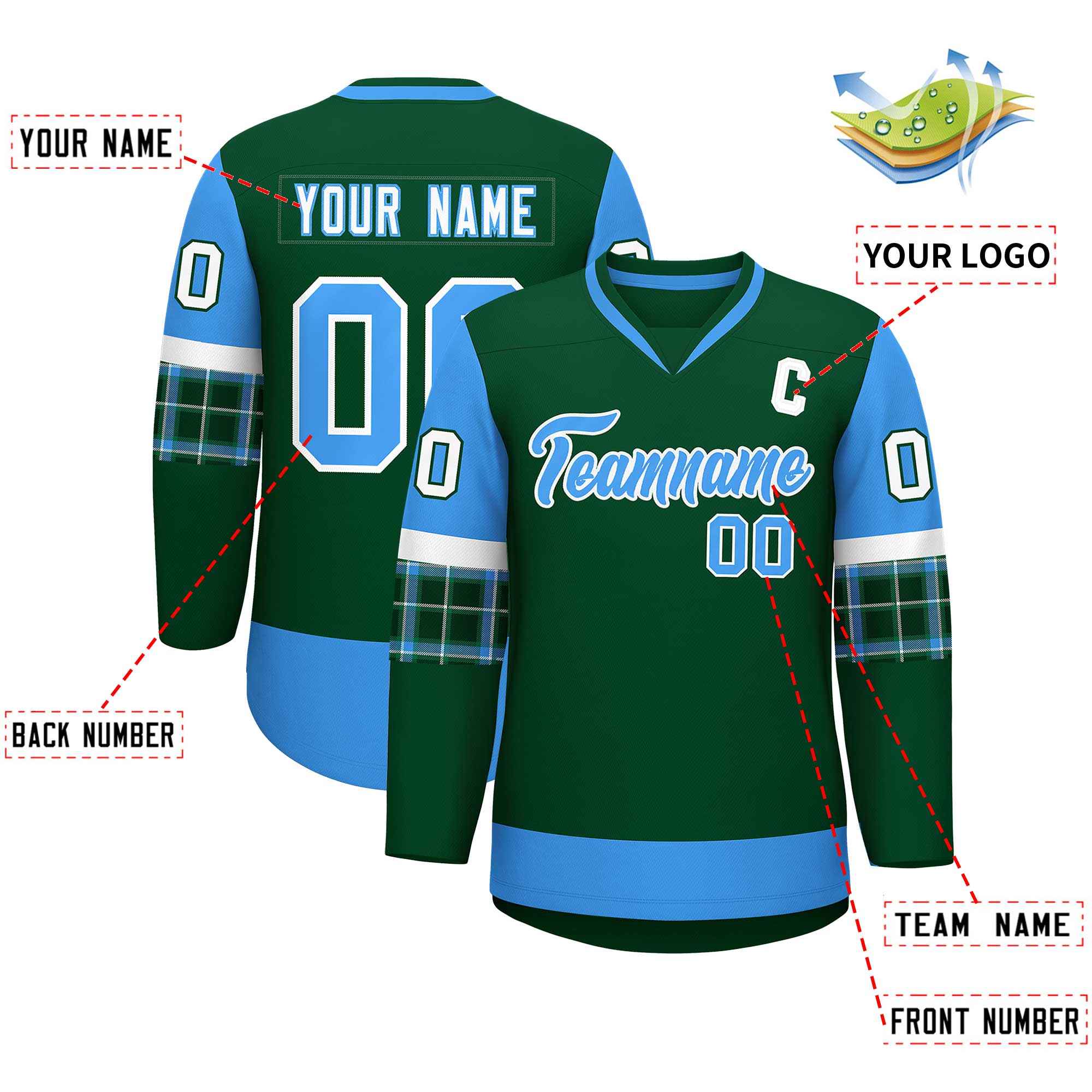 Custom Green Powder Blue-Powder Blue Personalized Raglan Sleeves V-Neck Hockey Jersey