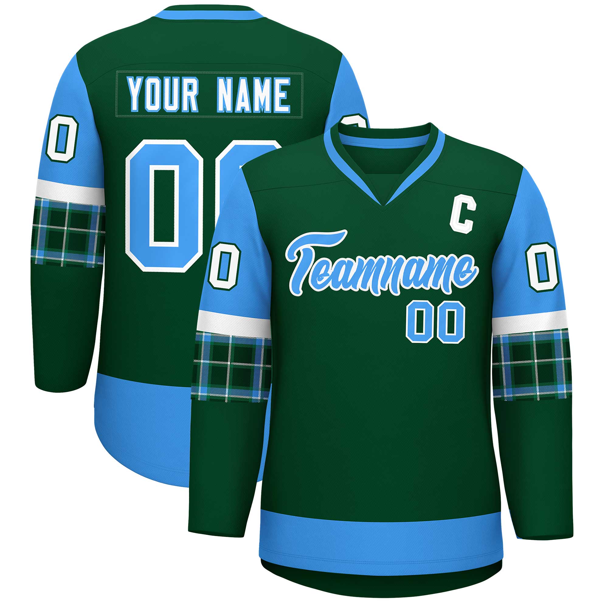 Custom Green Powder Blue-Powder Blue Personalized Raglan Sleeves V-Neck Hockey Jersey