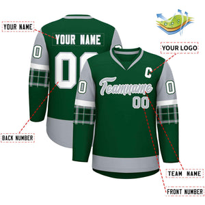 Custom Green Gray-White Personalized Raglan Sleeves V-Neck Hockey Jersey