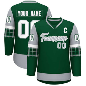 Custom Green Gray-White Personalized Raglan Sleeves V-Neck Hockey Jersey