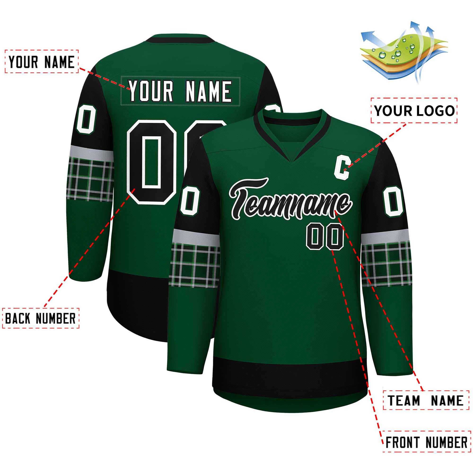 Custom Green Black-Black Personalized Raglan Sleeves V-Neck Hockey Jersey