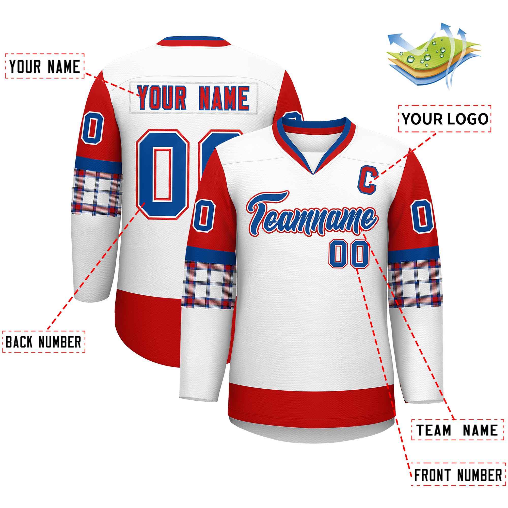 Custom White Red-Royal Personalized Raglan Sleeves V-Neck Hockey Jersey