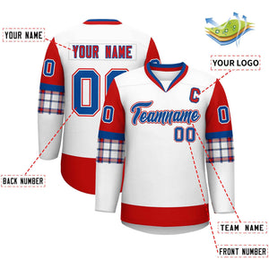 Custom White Red-Royal Personalized Raglan Sleeves V-Neck Hockey Jersey