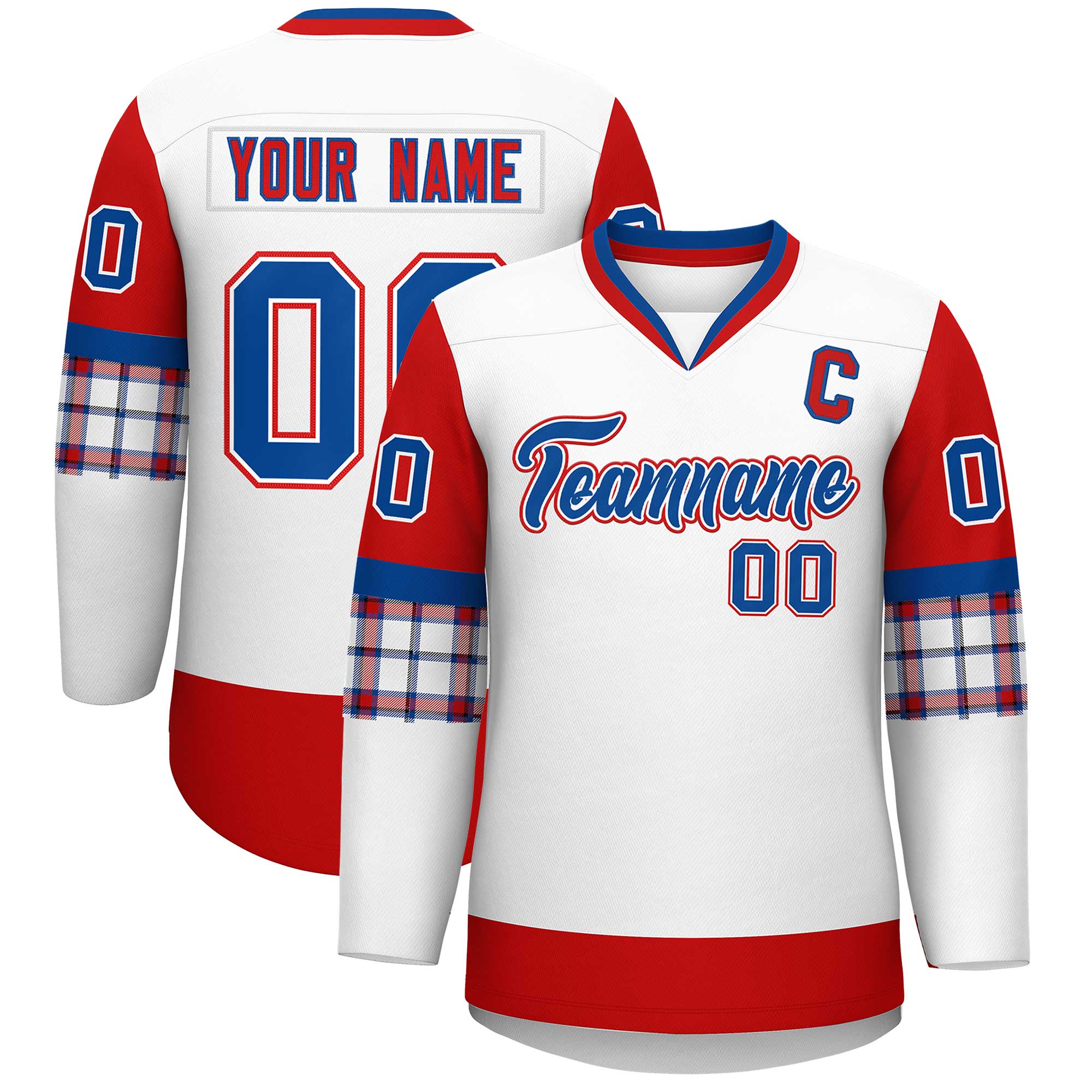 Custom White Red-Royal Personalized Raglan Sleeves V-Neck Hockey Jersey