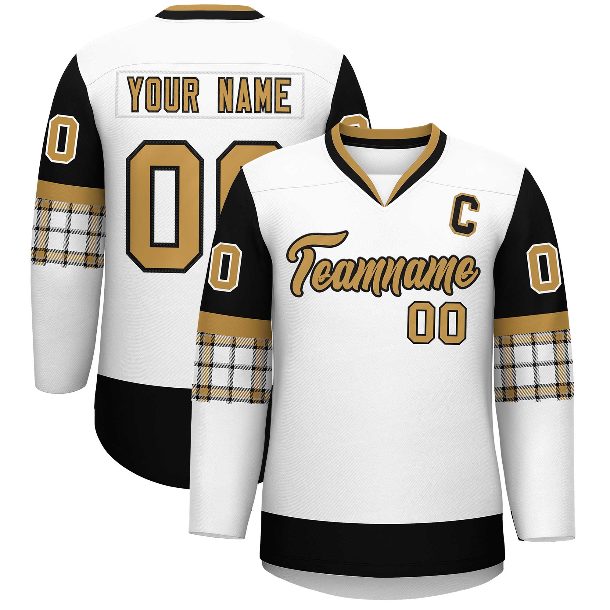 Custom White Black-Old Gold Personalized Raglan Sleeves V-Neck Hockey Jersey