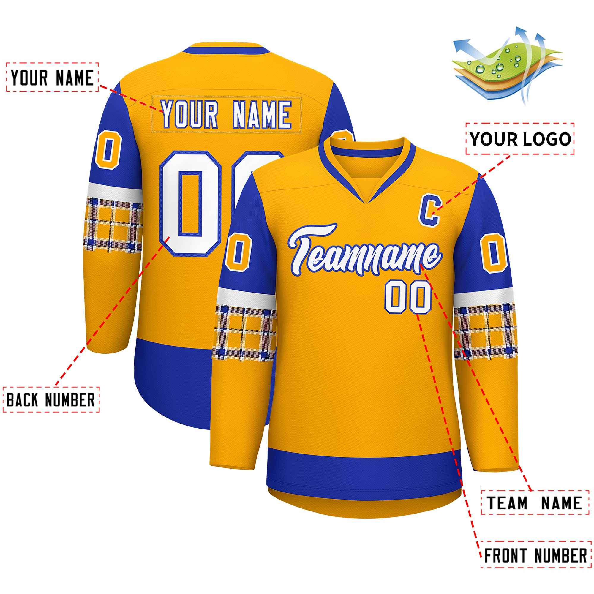 Custom Yellow Royal-White Personalized Raglan Sleeves V-Neck Hockey Jersey