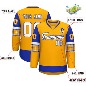 Custom Yellow Royal-White Personalized Raglan Sleeves V-Neck Hockey Jersey