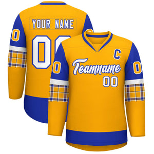 Custom Yellow Royal-White Personalized Raglan Sleeves V-Neck Hockey Jersey