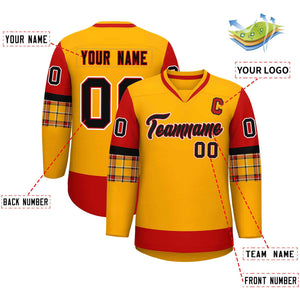 Custom Yellow Red-Black Personalized Raglan Sleeves V-Neck Hockey Jersey