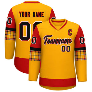 Custom Yellow Red-Black Personalized Raglan Sleeves V-Neck Hockey Jersey