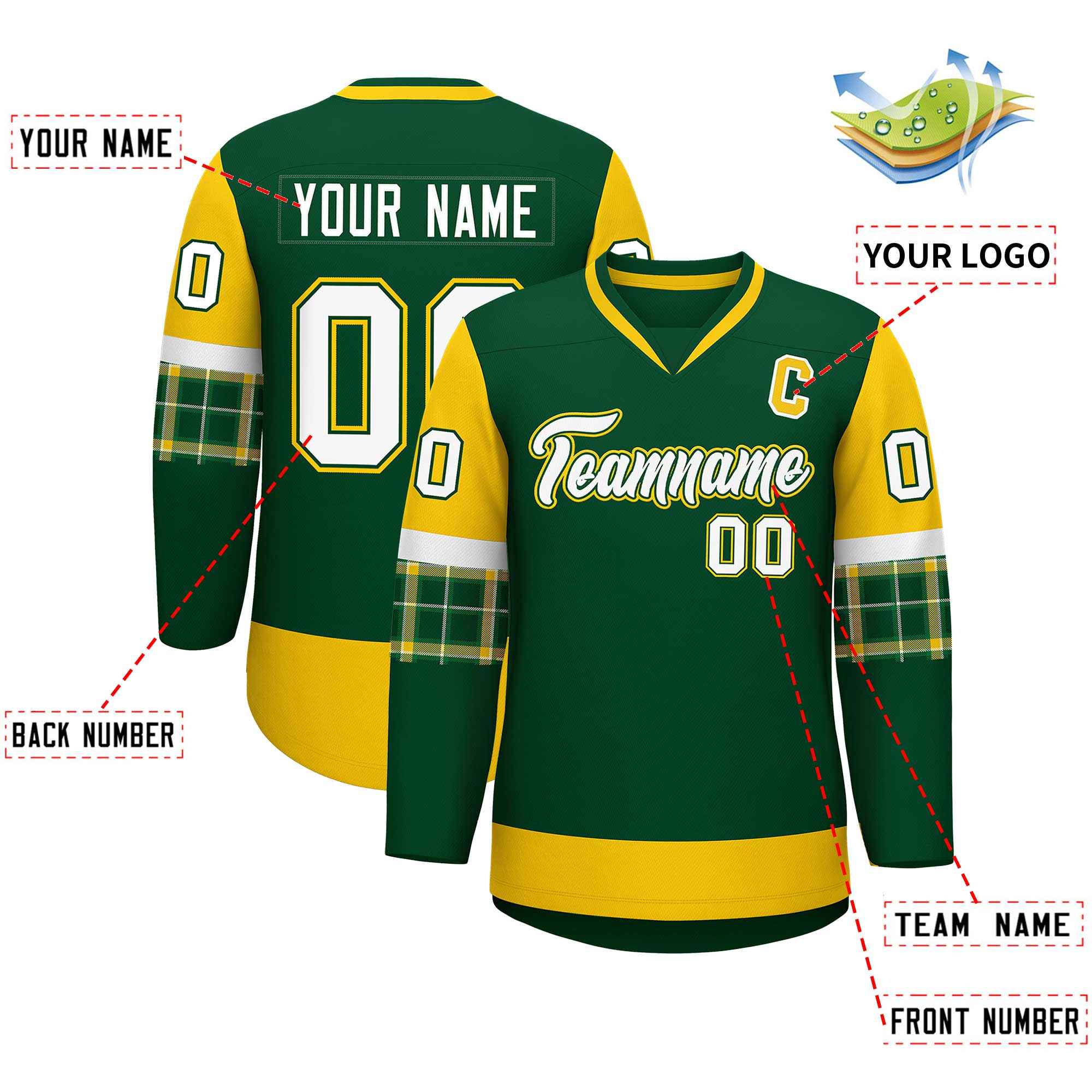 Custom Green Gold-White Personalized Raglan Sleeves V-Neck Hockey Jersey