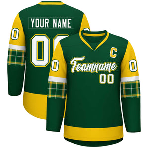 Custom Green Gold-White Personalized Raglan Sleeves V-Neck Hockey Jersey