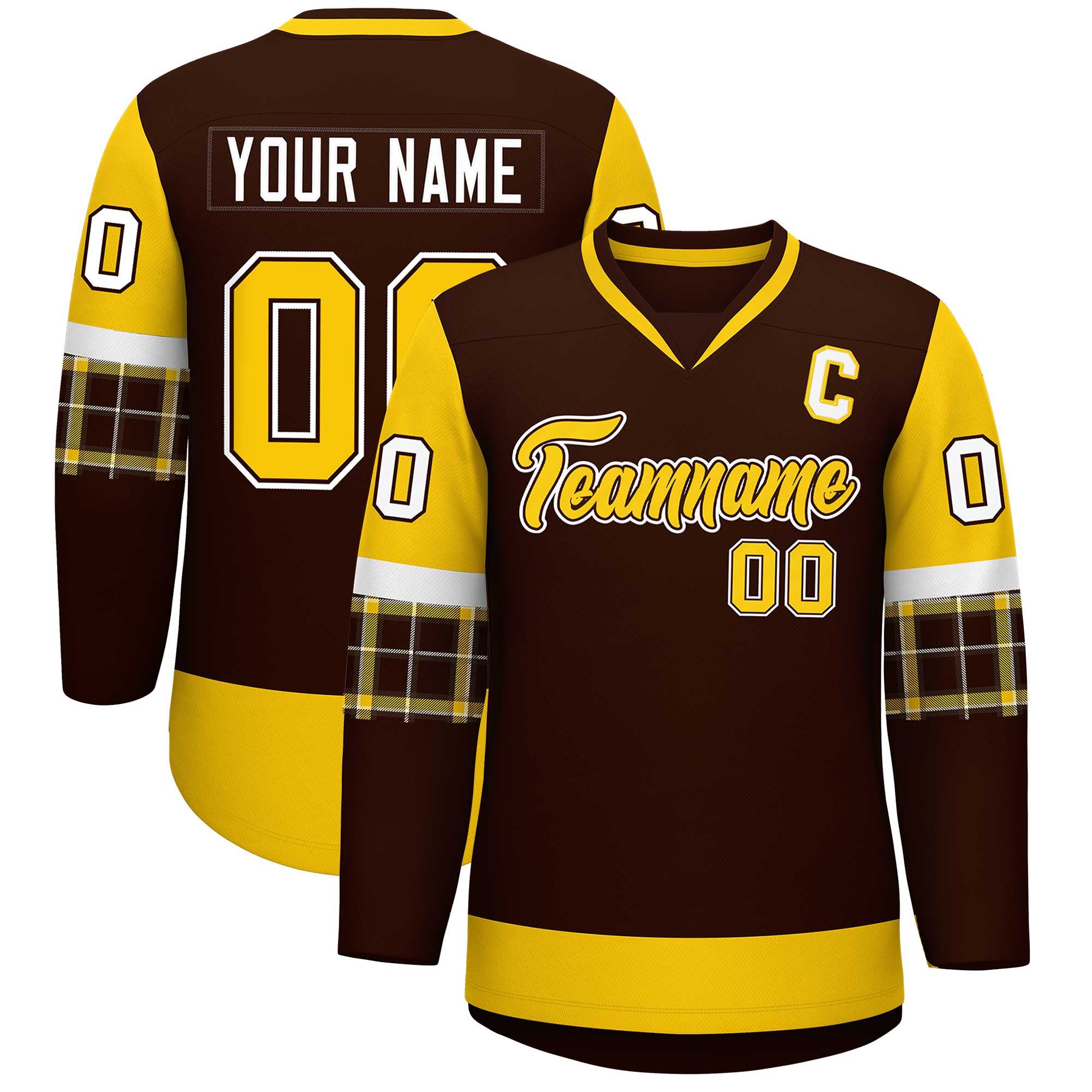 Custom Brown Gold-Gold Personalized Raglan Sleeves V-Neck Hockey Jersey