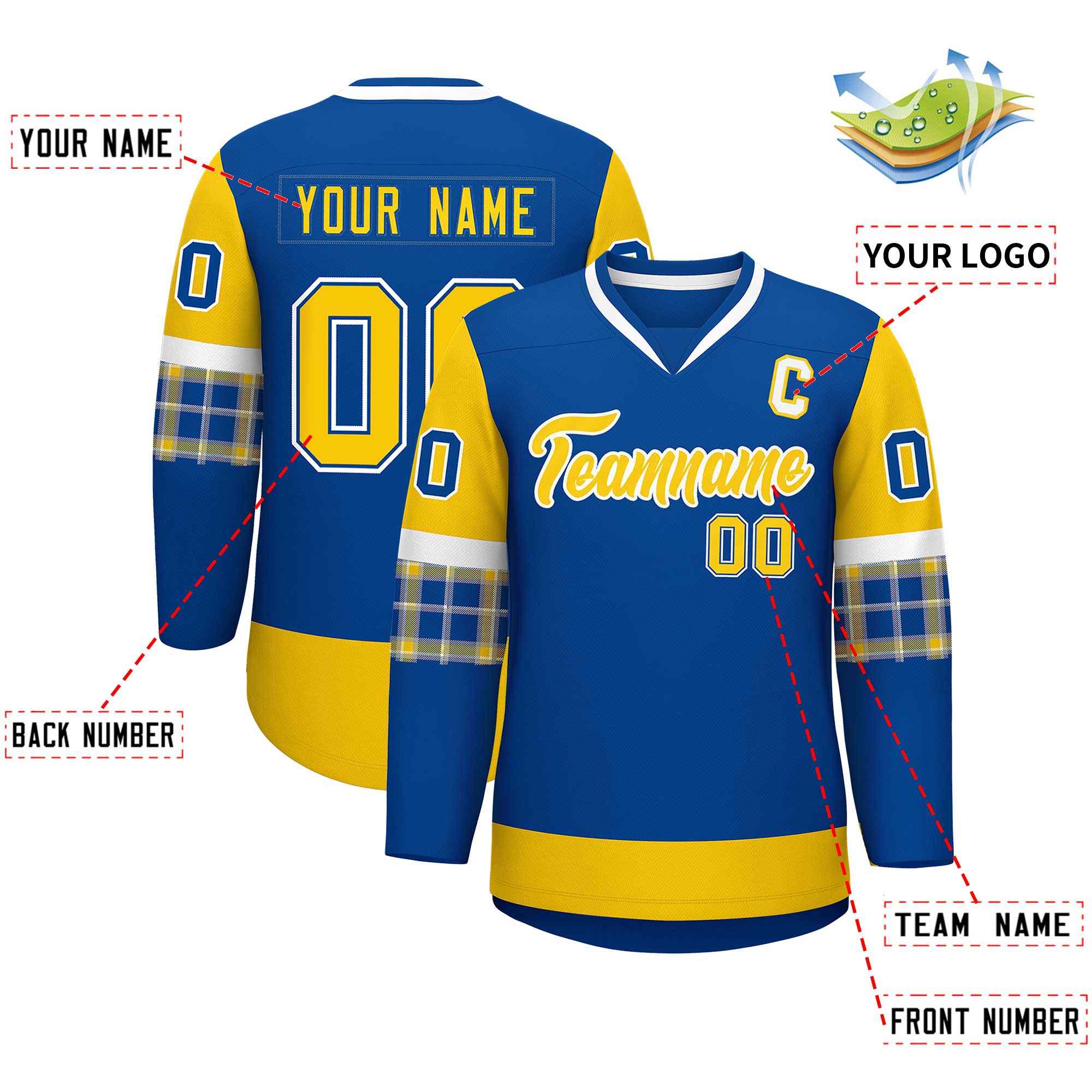 Custom Royal Gold-Gold Personalized Raglan Sleeves V-Neck Hockey Jersey